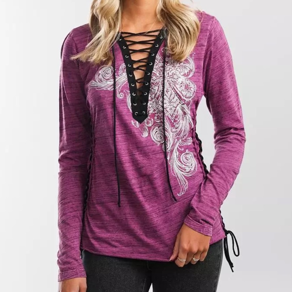 Y2K Affliction Lace Up Long Sleeve Grunge Shirt with Rhinestones Sz XL